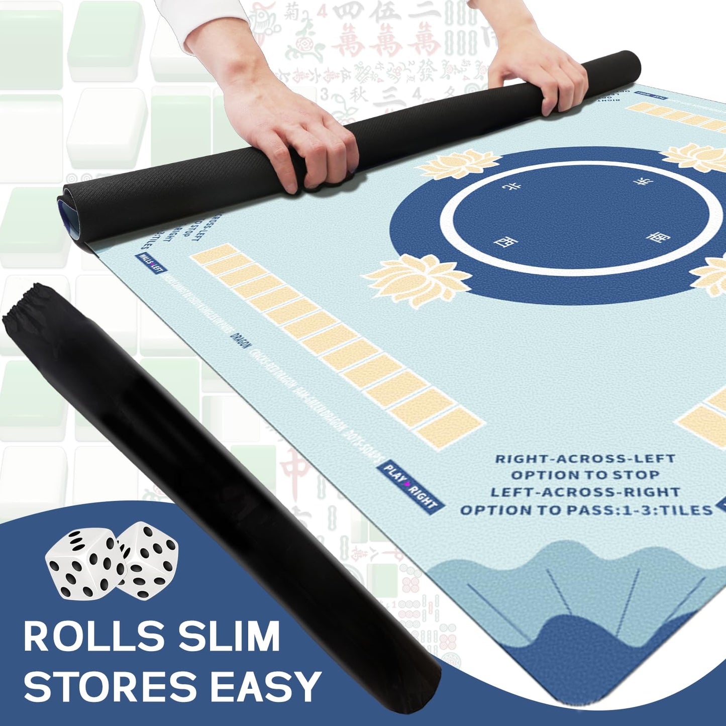 Drounphi Mahjong Mat with Rules – Non-Slip, Noise-Reducing Table Mat for Mahjong and Card Games (31.5x31.5in) Blue