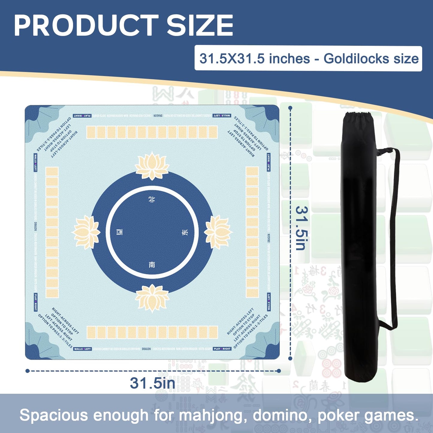Drounphi Mahjong Mat with Rules – Non-Slip, Noise-Reducing Table Mat for Mahjong and Card Games (31.5x31.5in) Blue