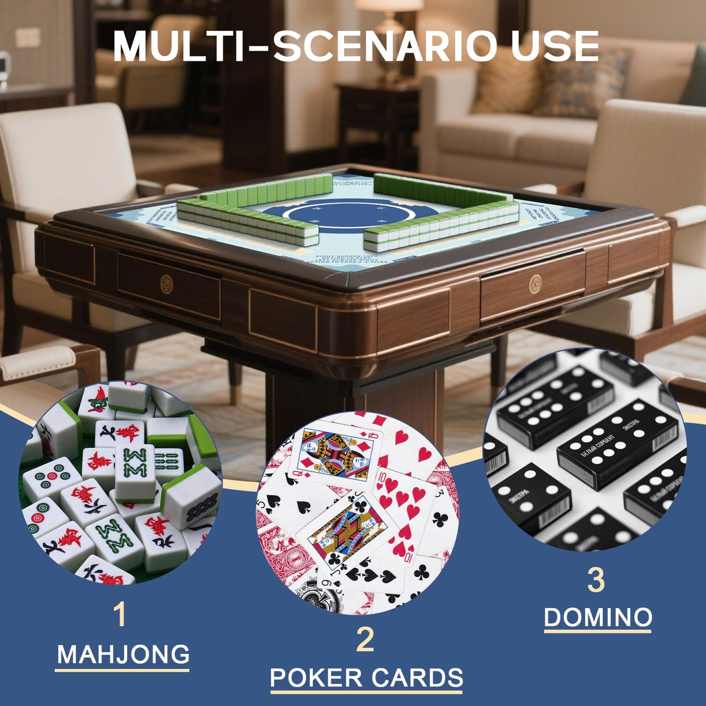 Drounphi Mahjong Mat with Rules – Non-Slip, Noise-Reducing Table Mat for Mahjong and Card Games (31.5x31.5in) Blue