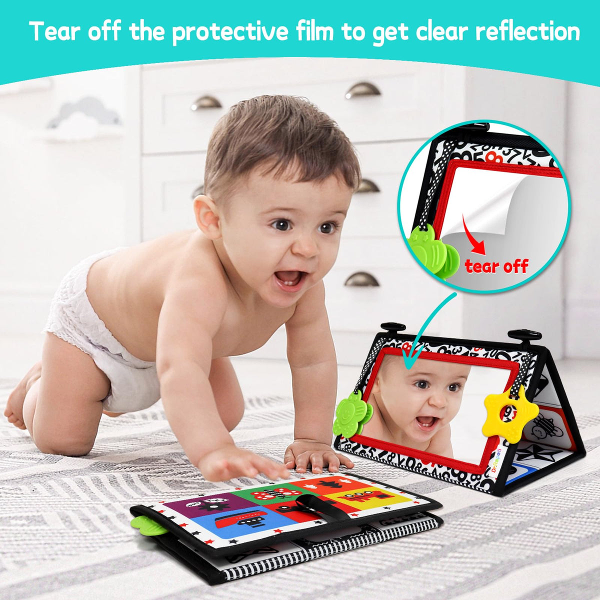 Dr.Rapeti Tummy Time Floor Mirror – High-Contrast Baby Toy with Safe Teethers (Non-Toxic, Washable)