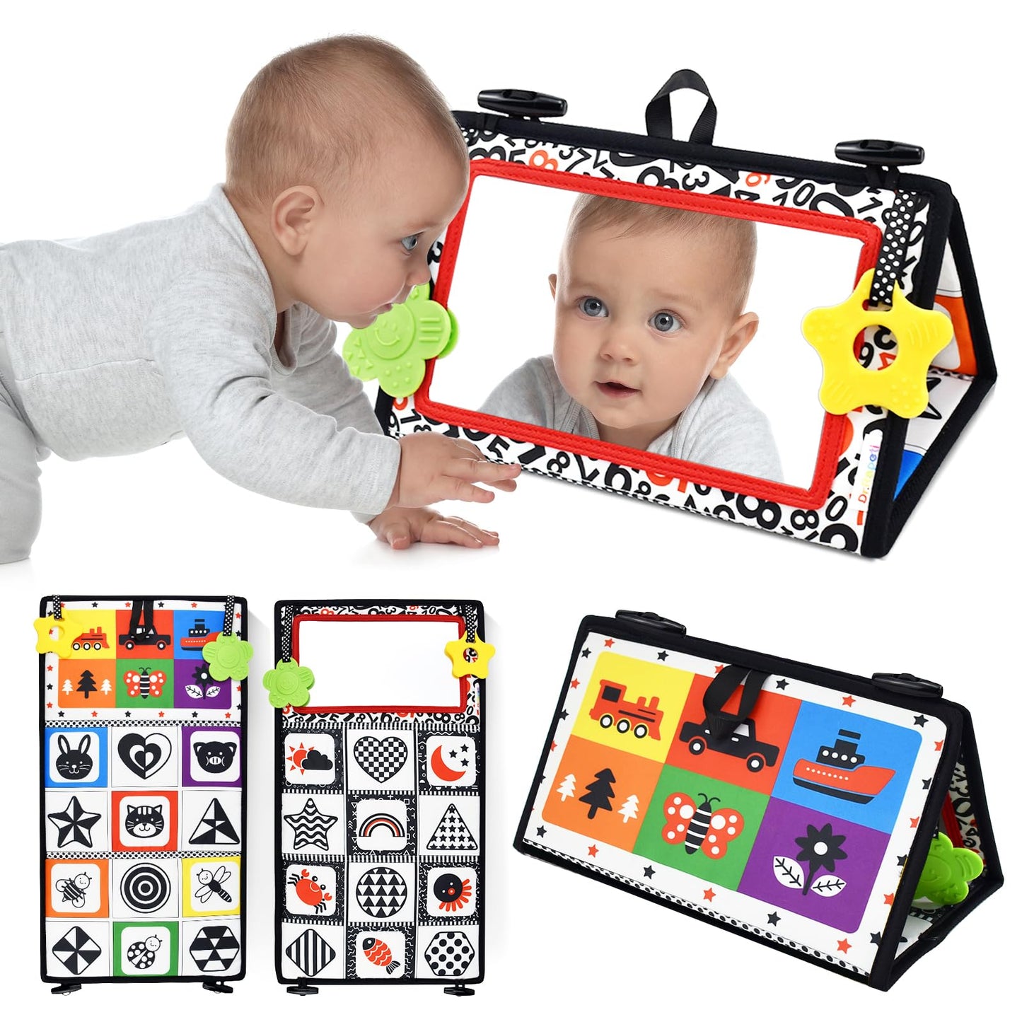 Dr.Rapeti Tummy Time Floor Mirror – High-Contrast Baby Toy with Safe Teethers (Non-Toxic, Washable)
