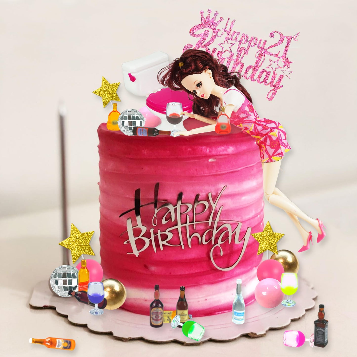 DRWATE Mini Wine Bottles Cake Toppers – 12 Bottles, 5 Glasses, 21st Birthday Topper (Brown)