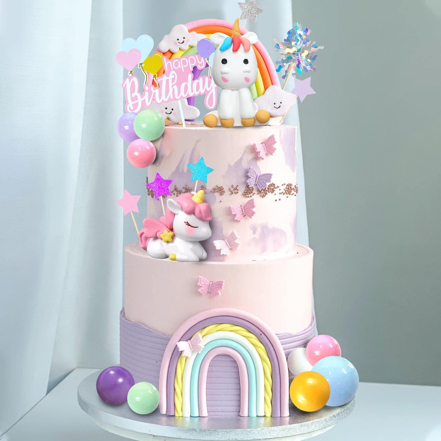 DRWATE 18-Piece Unicorn Cake Topper Set – Rainbow Decorations with Rainbow Stars & Foil Firework Balls (Style 1)