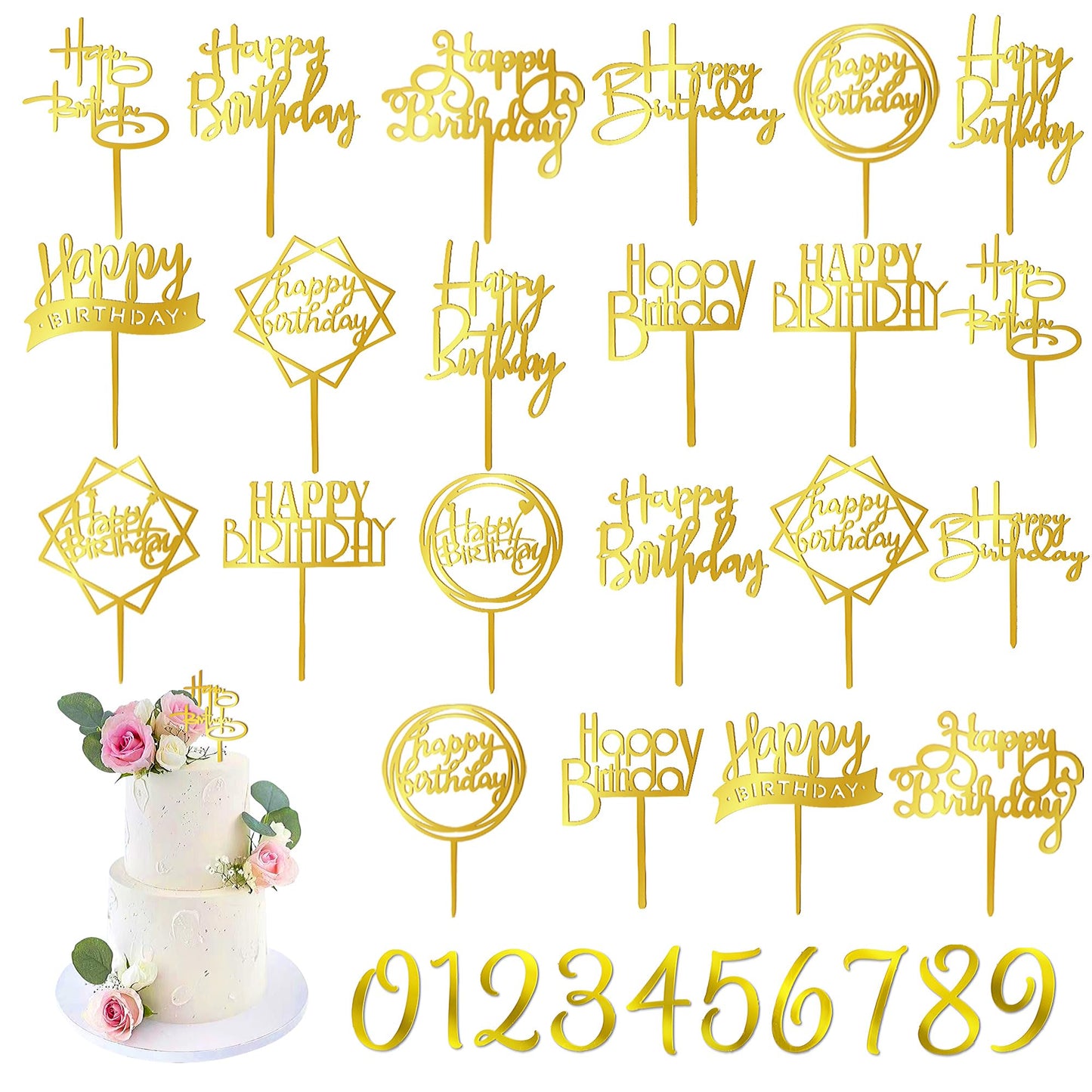 DRWATE 40-Piece Gold Happy Birthday Cake Topper – Acrylic Cake Decorations