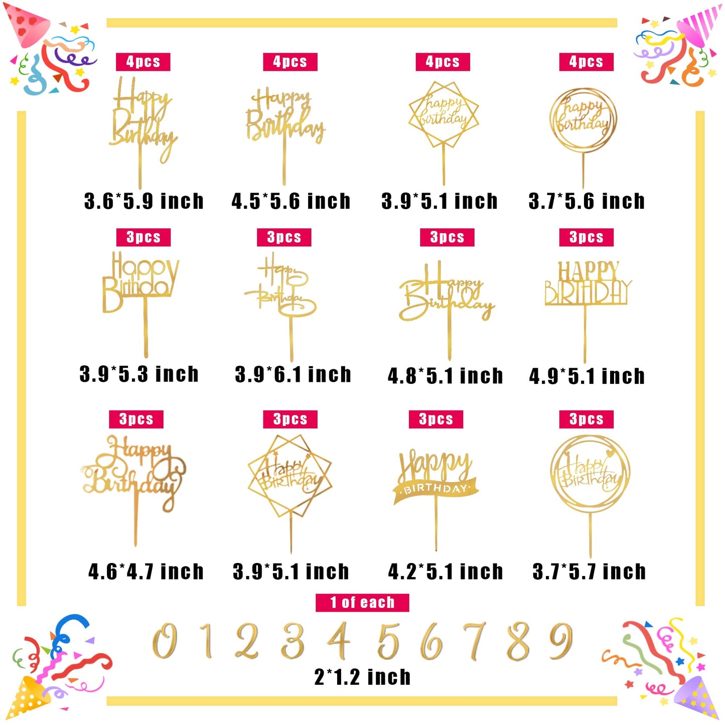 DRWATE 40-Piece Gold Happy Birthday Cake Topper – Acrylic Cake Decorations