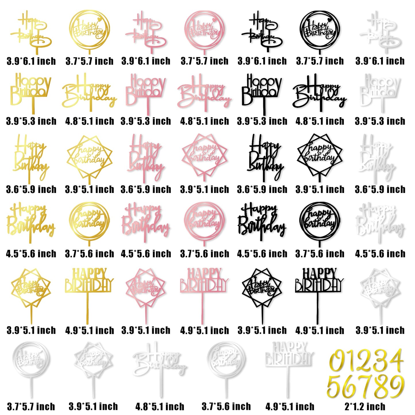 DRWATE 50 Pcs Acrylic Happy Birthday Cake Topper Set – Gold Black Pink Silver (4 Colors)