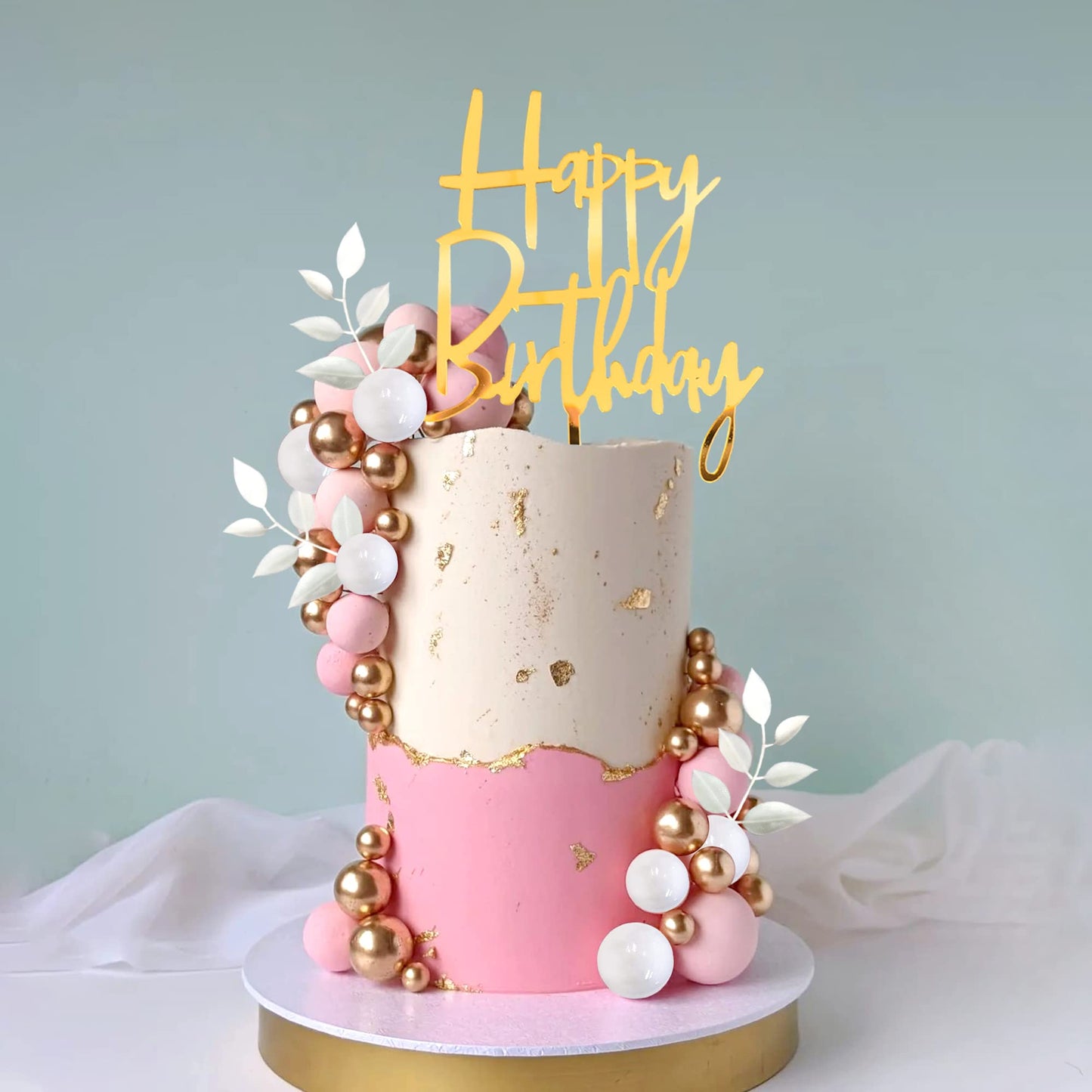 DRWATE Pink Balls Cake Topper – Boho Grass Topper with Pink White Gold Balls for Weddings & Birthdays