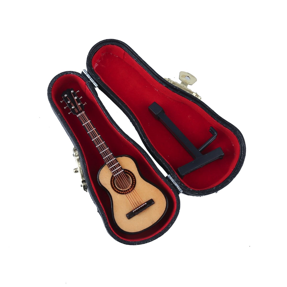 Dselvgvu Wooden Miniature Guitar with Stand and Case – Collectible Dollhouse Ornament (10 cm x 3.6 cm x 1.5 cm)