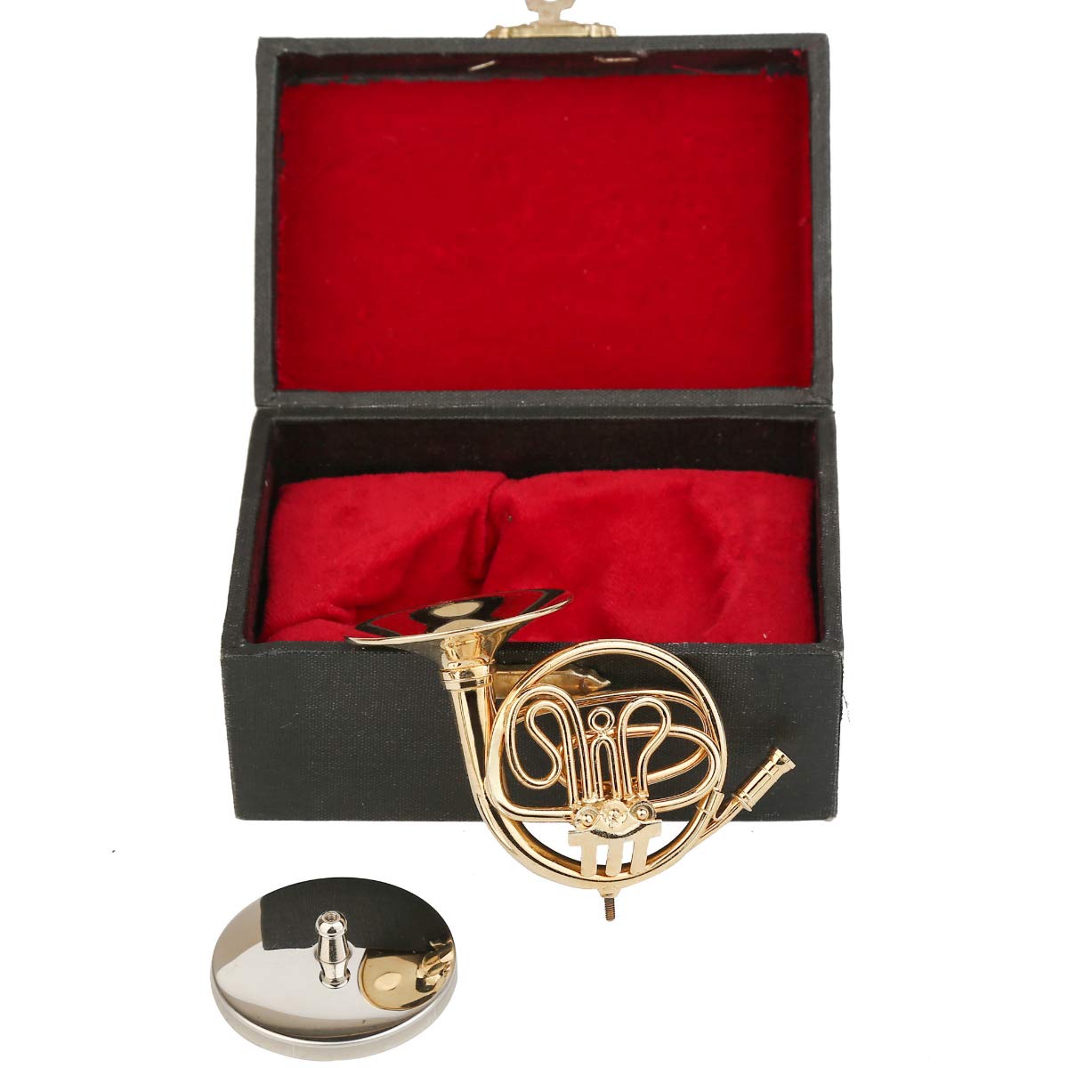 Dselvgvu Miniature Brass French Horn with Stand & Case – Collectible Display Ornament (3.75 x 1.77 in)