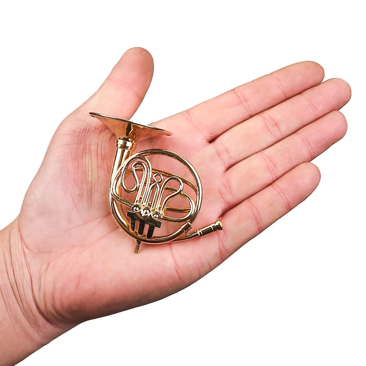 Dselvgvu Miniature Brass French Horn with Stand & Case – Collectible Display Ornament (3.75 x 1.77 in)