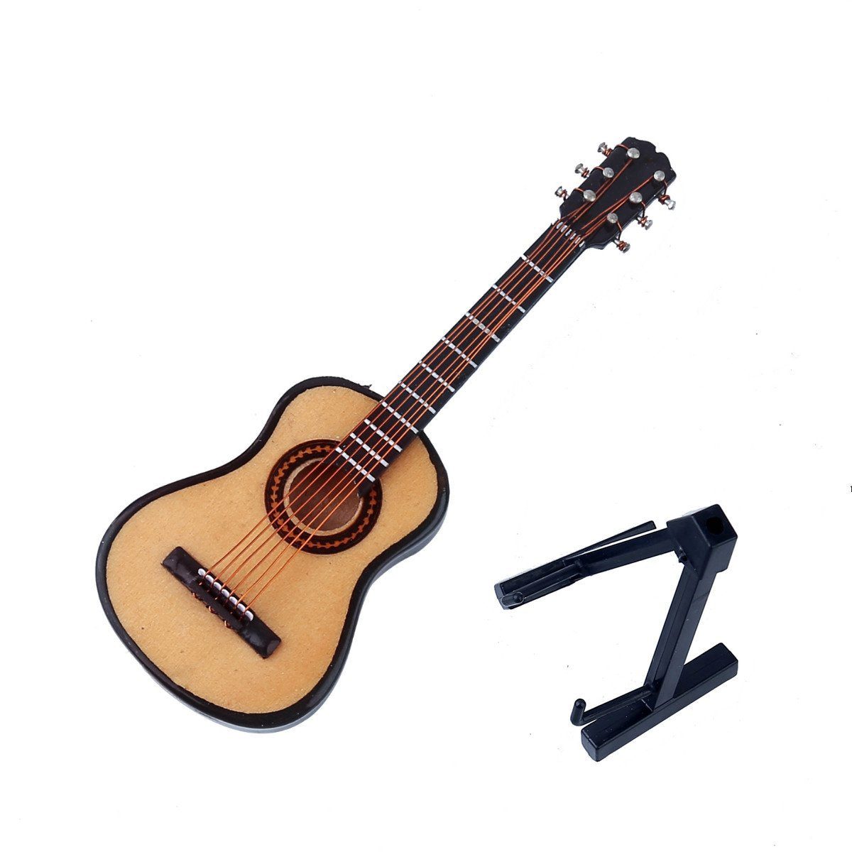 Dselvgvu Wooden Miniature Guitar with Stand and Case – Collectible Dollhouse Ornament (10 cm x 3.6 cm x 1.5 cm)