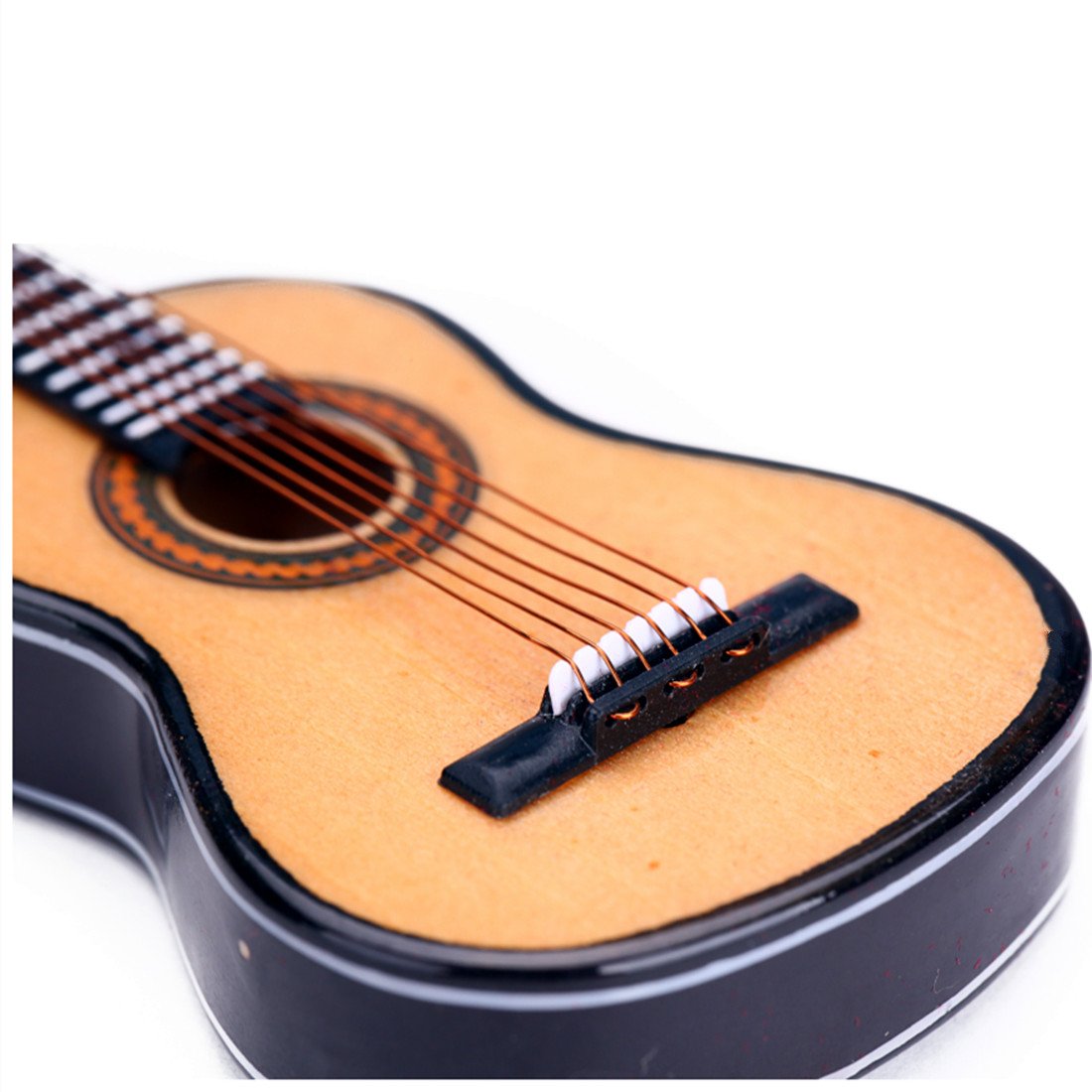 Dselvgvu Wooden Miniature Guitar with Stand and Case – Collectible Dollhouse Ornament (10 cm x 3.6 cm x 1.5 cm)