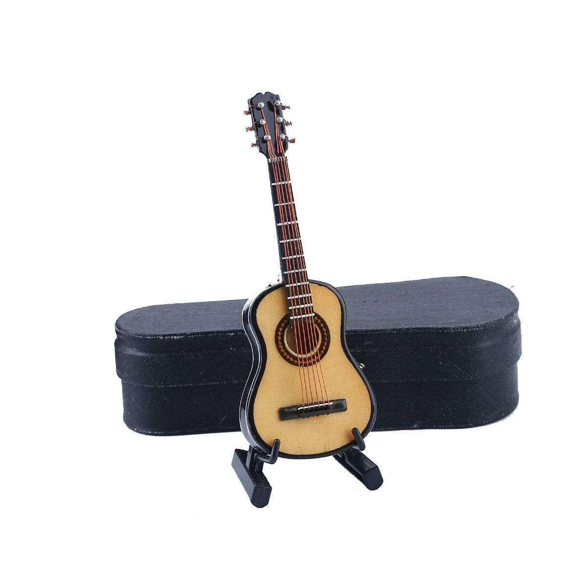 Dselvgvu Wooden Miniature Guitar with Stand and Case – Collectible Dollhouse Ornament (10 cm x 3.6 cm x 1.5 cm)