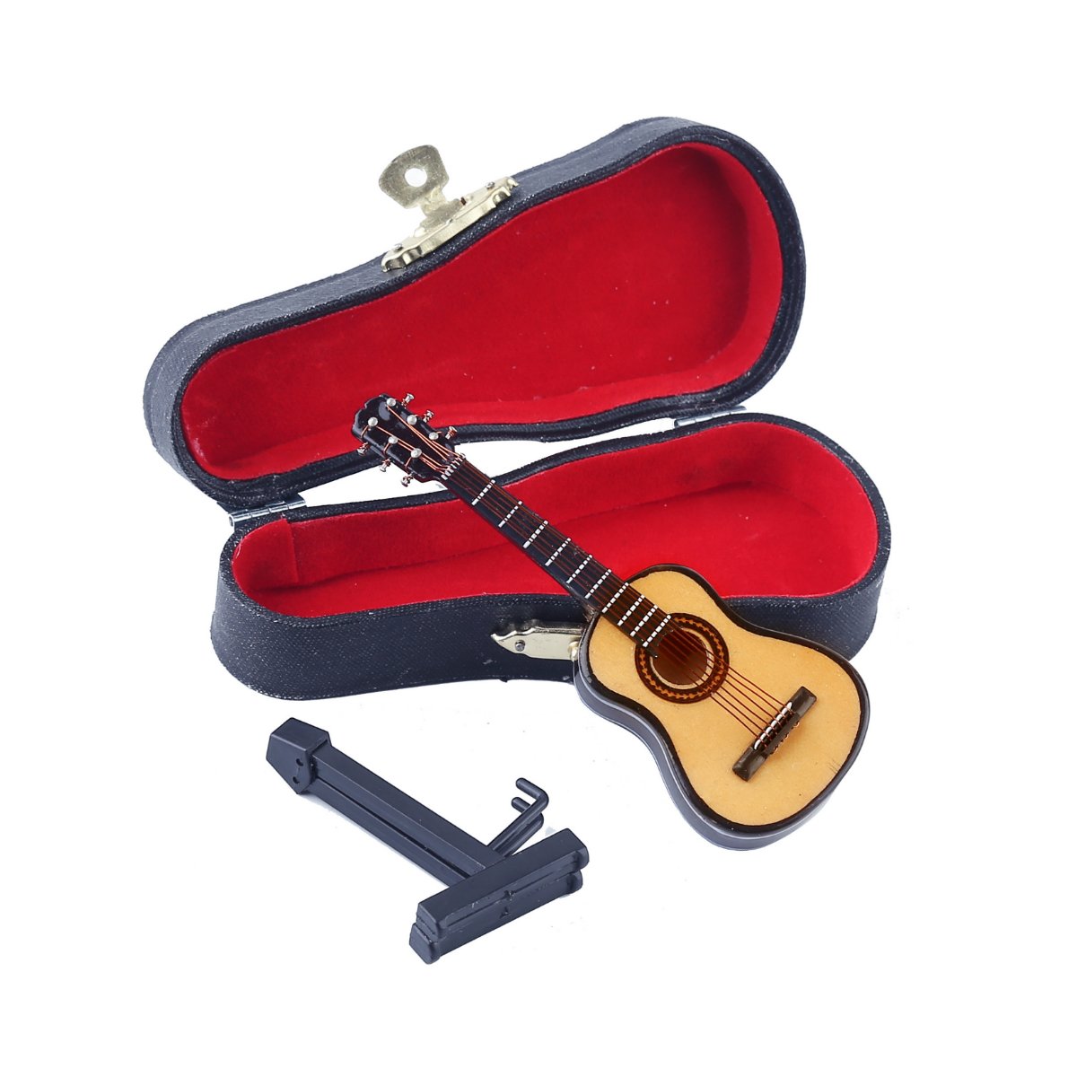 Dselvgvu Wooden Miniature Guitar with Stand and Case – Collectible Dollhouse Ornament (10 cm x 3.6 cm x 1.5 cm)