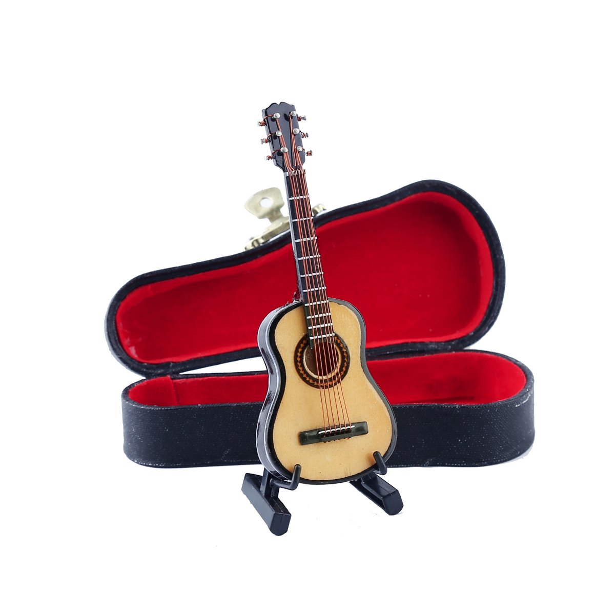 Dselvgvu Wooden Miniature Guitar with Stand and Case – Collectible Dollhouse Ornament (10 cm x 3.6 cm x 1.5 cm)