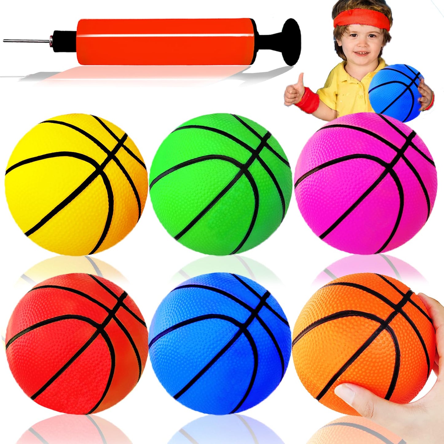 Dshengoo 6Pcs 5-Inch Mini Inflatable Basketballs with Pump | Colorful Rubber Balls for Kids