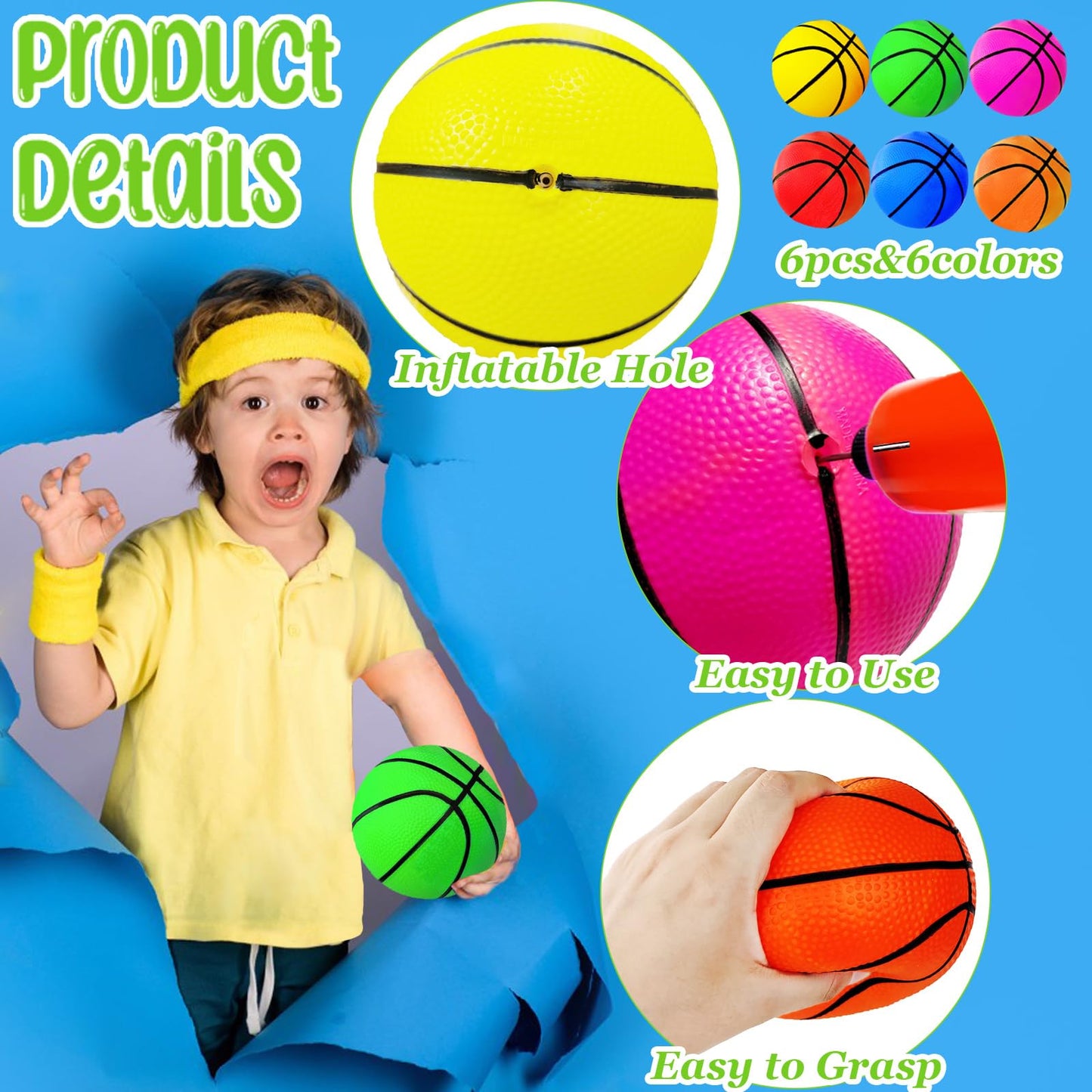 Dshengoo 6Pcs 5-Inch Mini Inflatable Basketballs with Pump | Colorful Rubber Balls for Kids