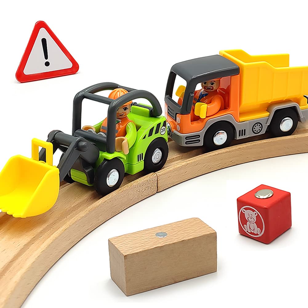 DSHMIXIA Wooden Train Cars Set – Digger & Dump Truck Magnetic Track Accessories