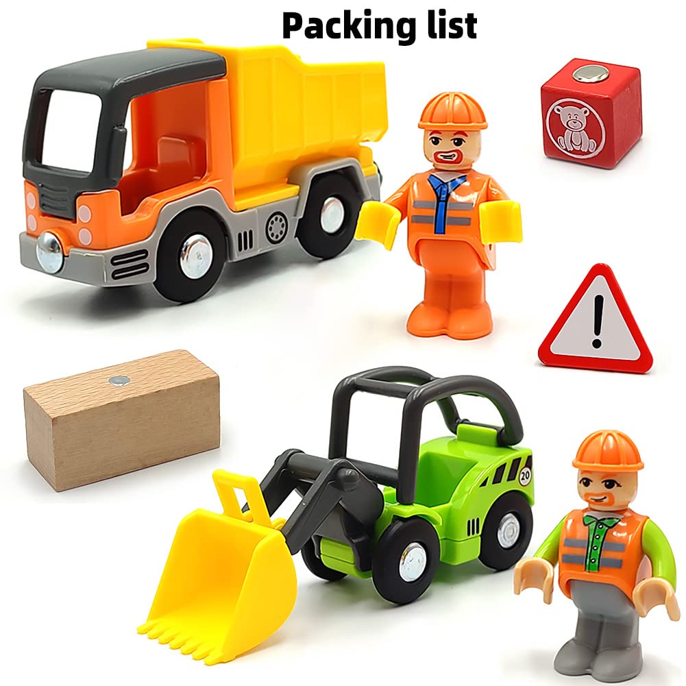 DSHMIXIA Wooden Train Cars Set – Digger & Dump Truck Magnetic Track Accessories