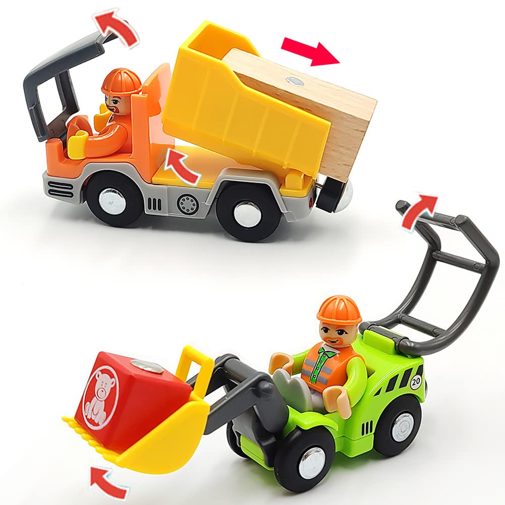 DSHMIXIA Wooden Train Cars Set – Digger & Dump Truck Magnetic Track Accessories