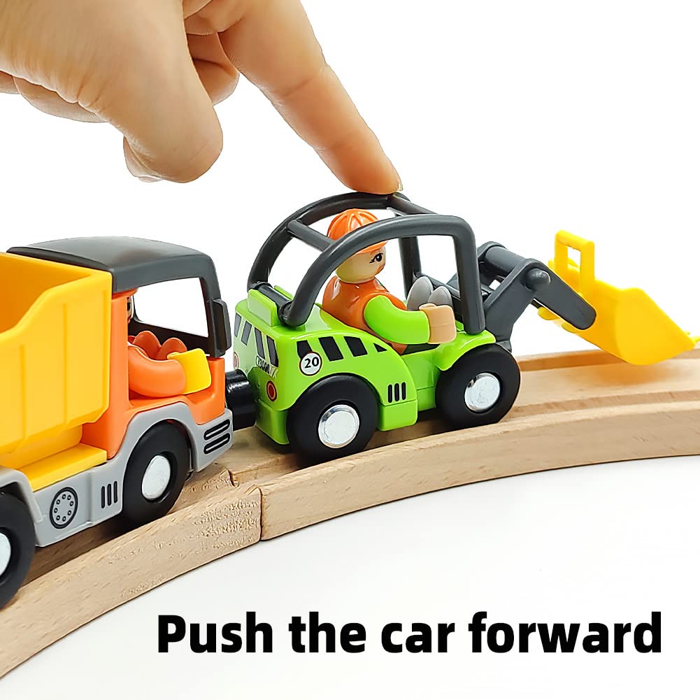 DSHMIXIA Wooden Train Cars Set – Digger & Dump Truck Magnetic Track Accessories