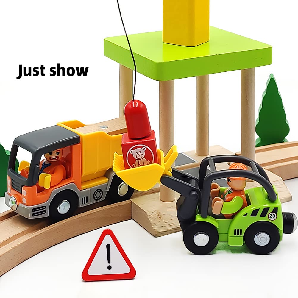 DSHMIXIA Wooden Train Cars Set – Digger & Dump Truck Magnetic Track Accessories