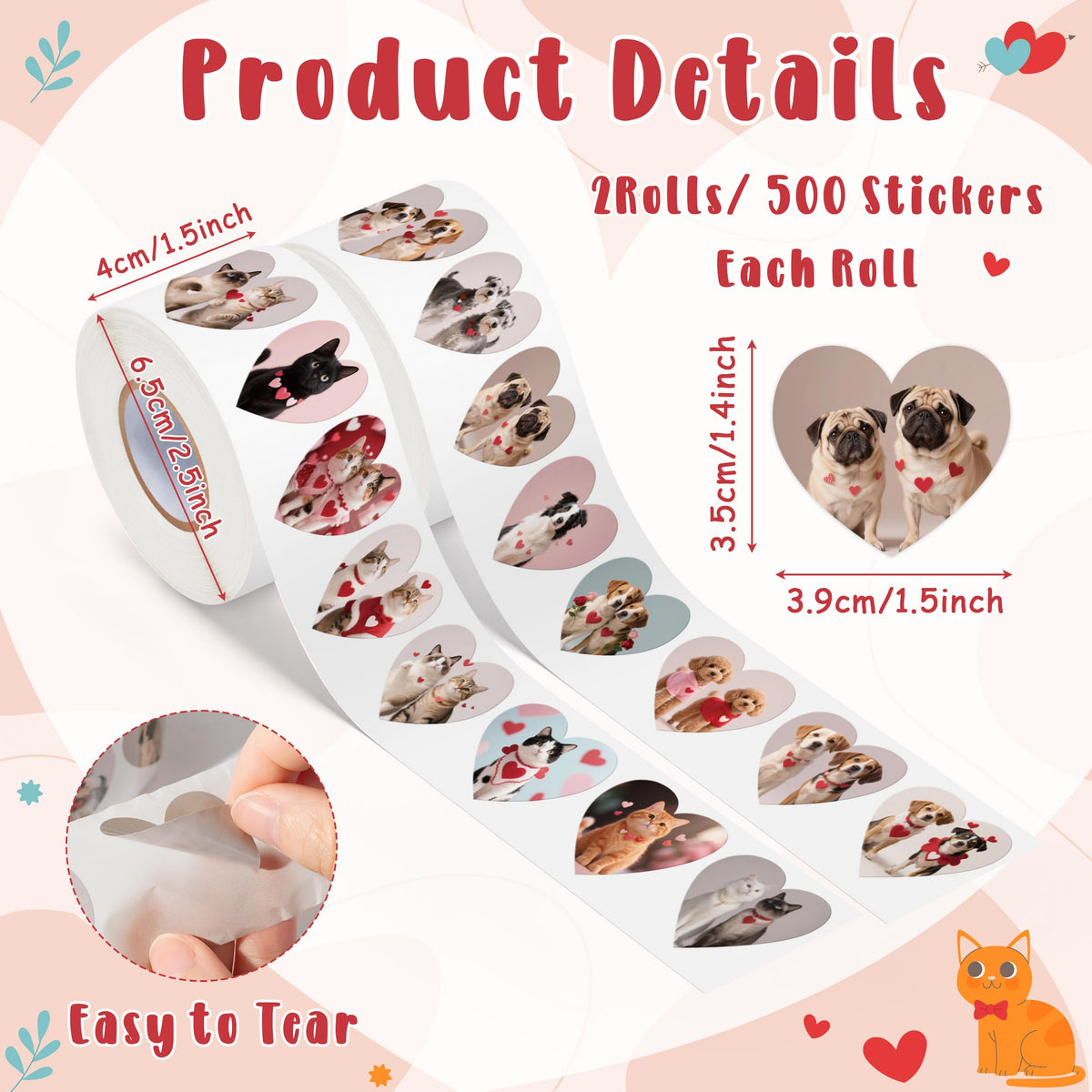 DSjuedui Valentine's Day Dog & Cat Sticker Rolls – 1000 Pcs