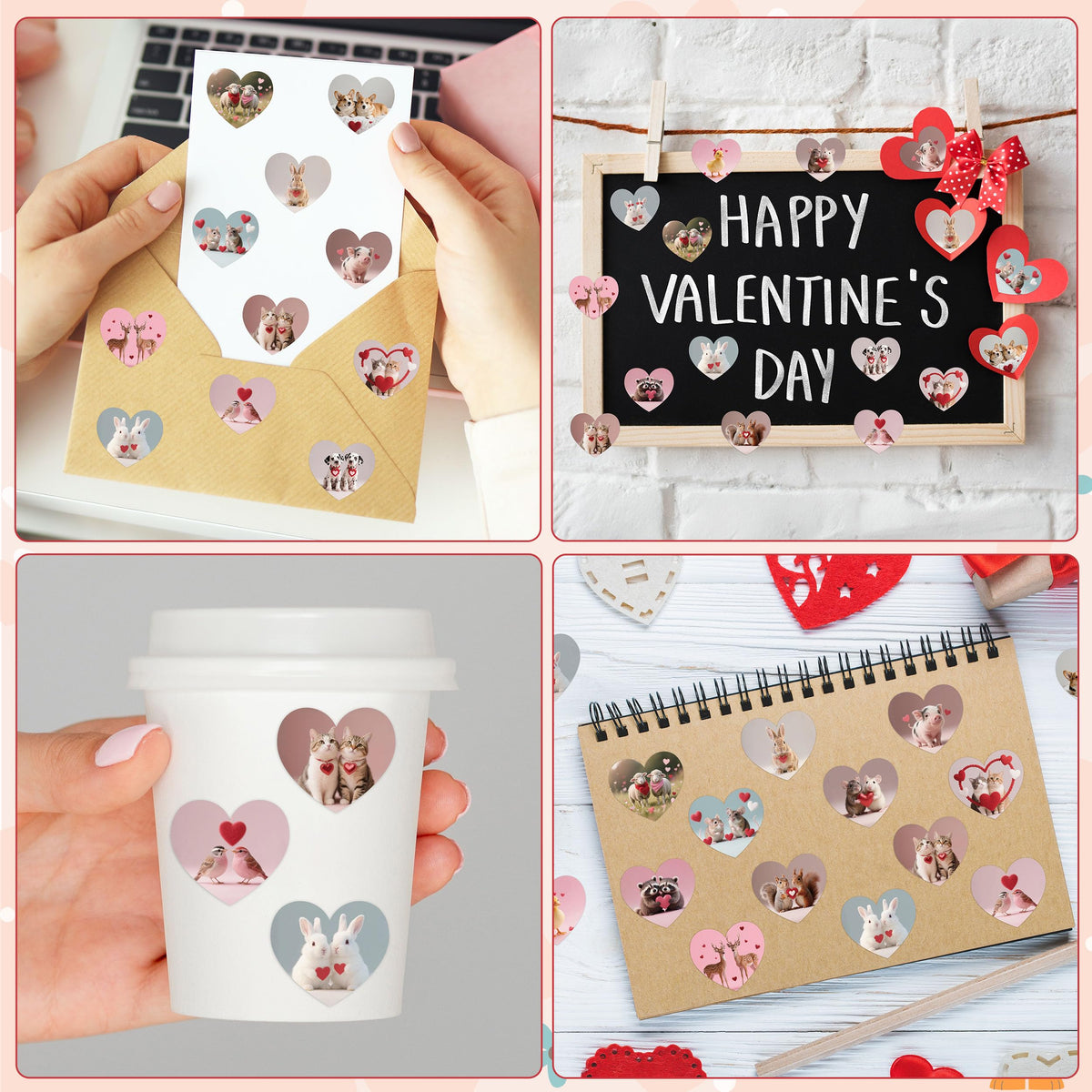 DSjuedui Valentine's Day Realistic Animal Roll Stickers – 1000 Pcs Heart‑Shaped Vinyl Decals