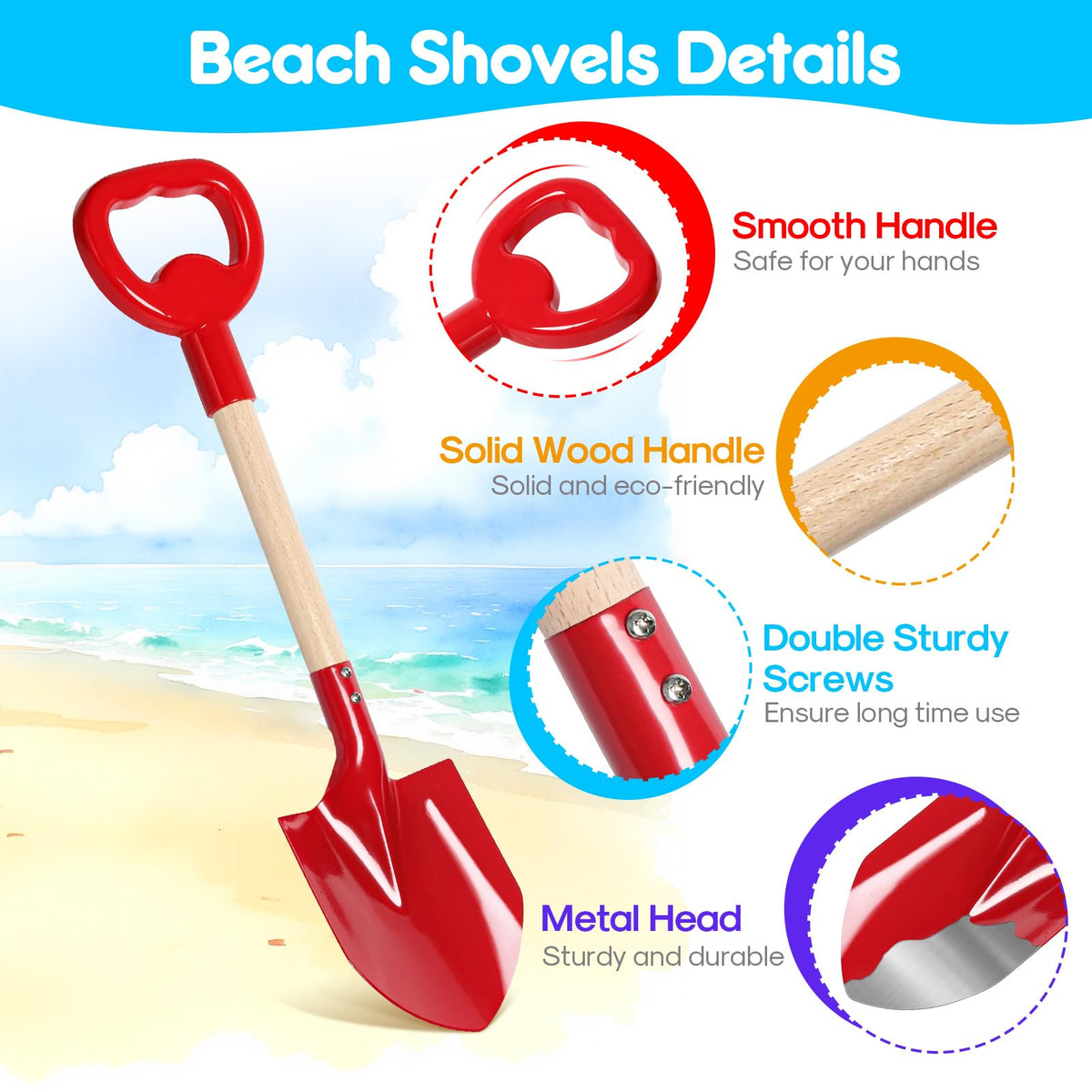 Dsmile 3-Piece Beach Shovel Toy for Kids – 16-Inch Metal Shovels with ABS Handle