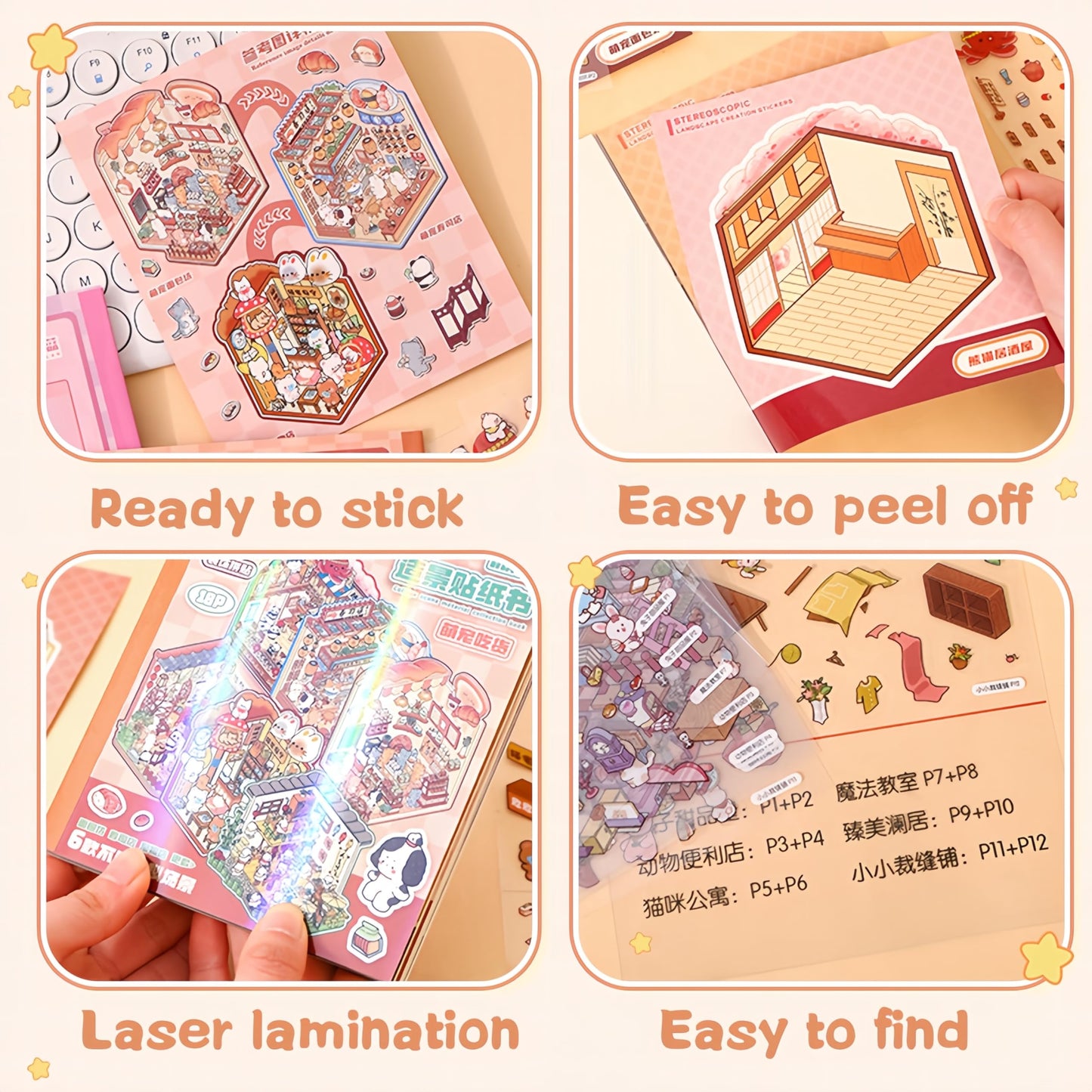DSNJPZX 3D Sticker Scene Collection Book – Reusable Stickers for Kids & Adults