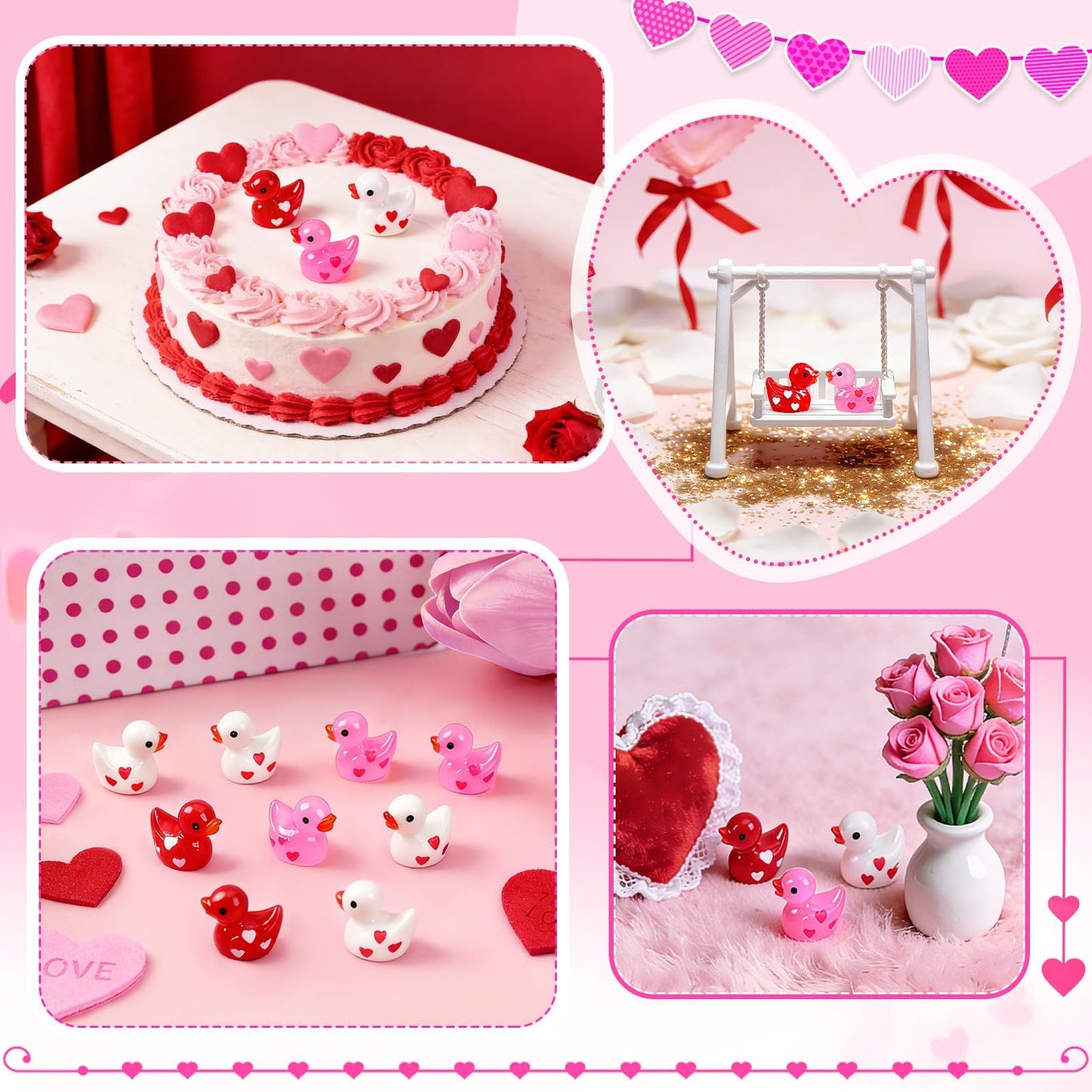 DTOFOOT 80Pcs Mini Valentines Resin Ducks — Red, Pink & White Tiny Ducks for Dollhouse & DIY Decor