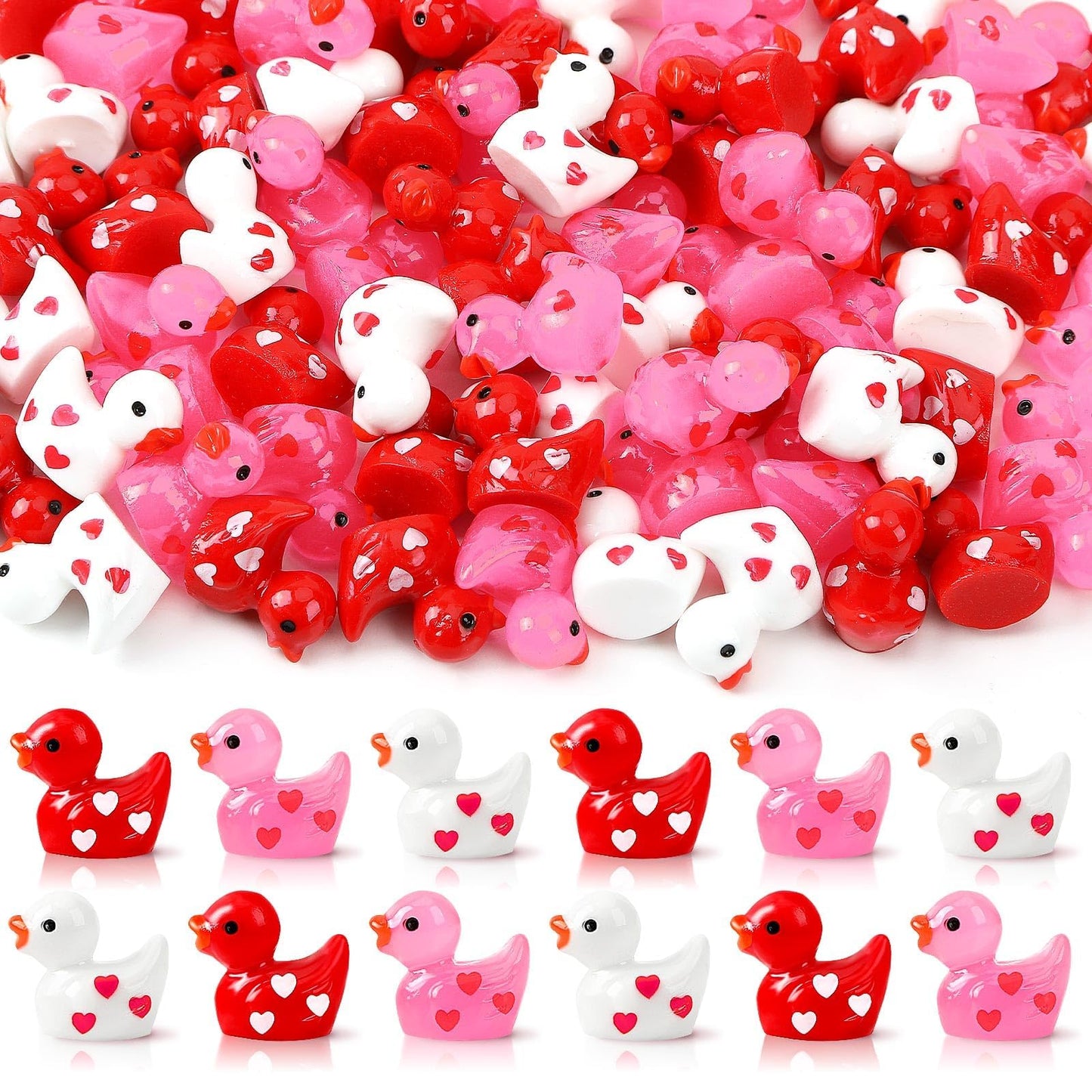 DTOFOOT 80Pcs Mini Valentines Resin Ducks — Red, Pink & White Tiny Ducks for Dollhouse & DIY Decor