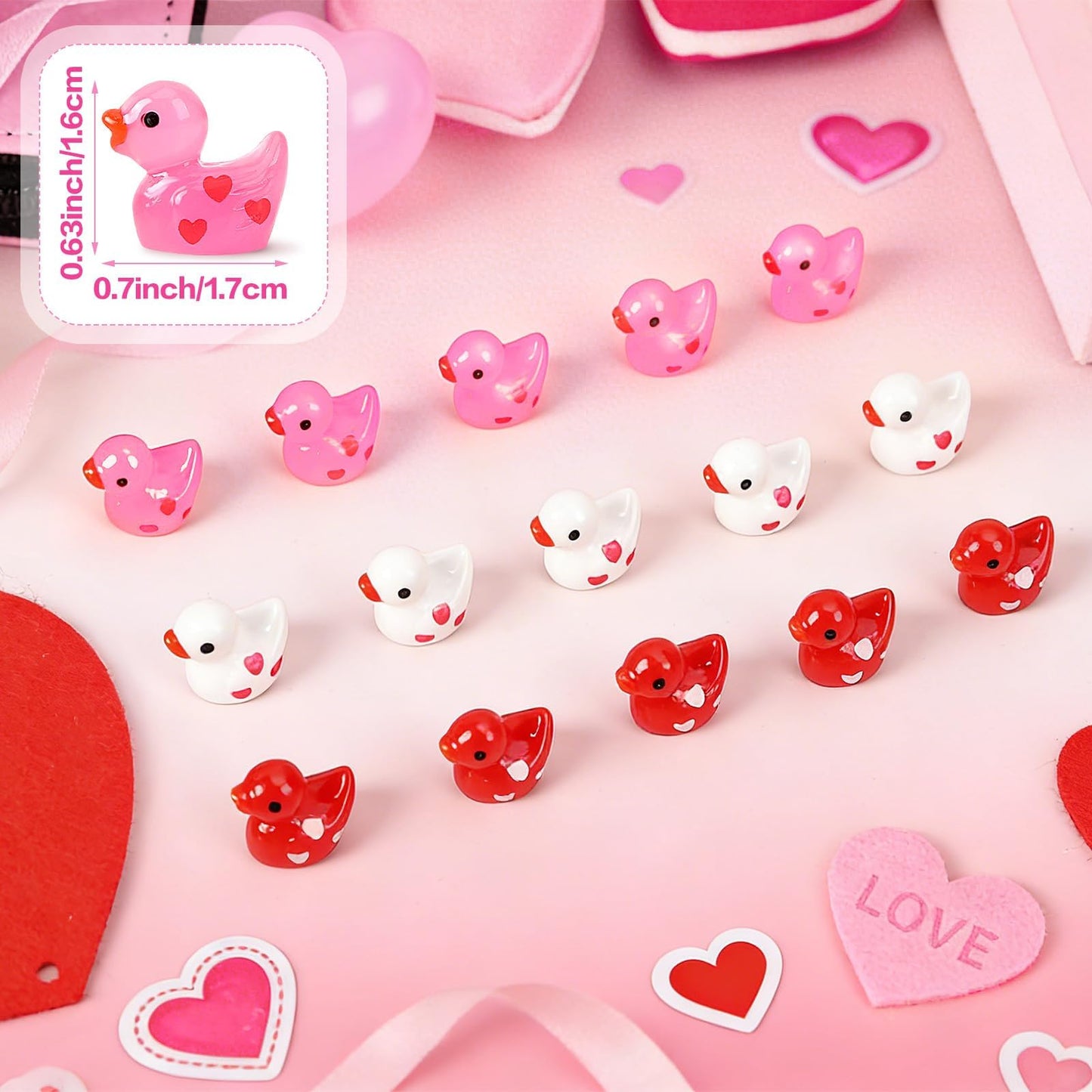 DTOFOOT 80Pcs Mini Valentines Resin Ducks — Red, Pink & White Tiny Ducks for Dollhouse & DIY Decor