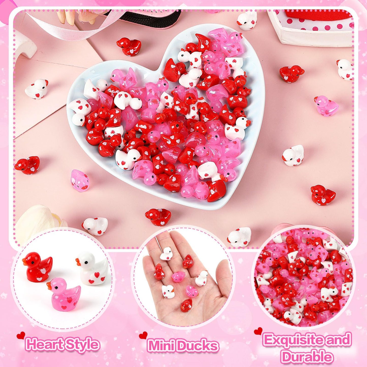 DTOFOOT 80Pcs Mini Valentines Resin Ducks — Red, Pink & White Tiny Ducks for Dollhouse & DIY Decor