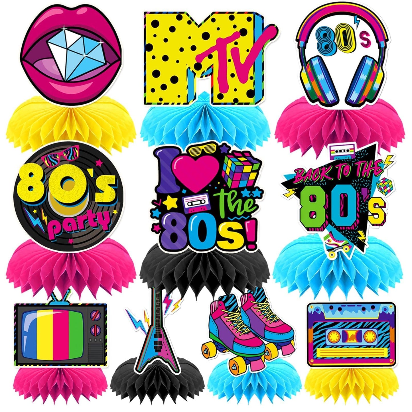 DTOFOOT 10 Pcs 80s Party Decorations – Retro Honeycomb Centerpieces for Back to the 80s Theme