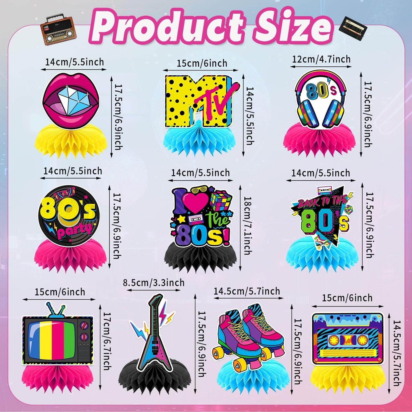 DTOFOOT 10 Pcs 80s Party Decorations – Retro Honeycomb Centerpieces for Back to the 80s Theme