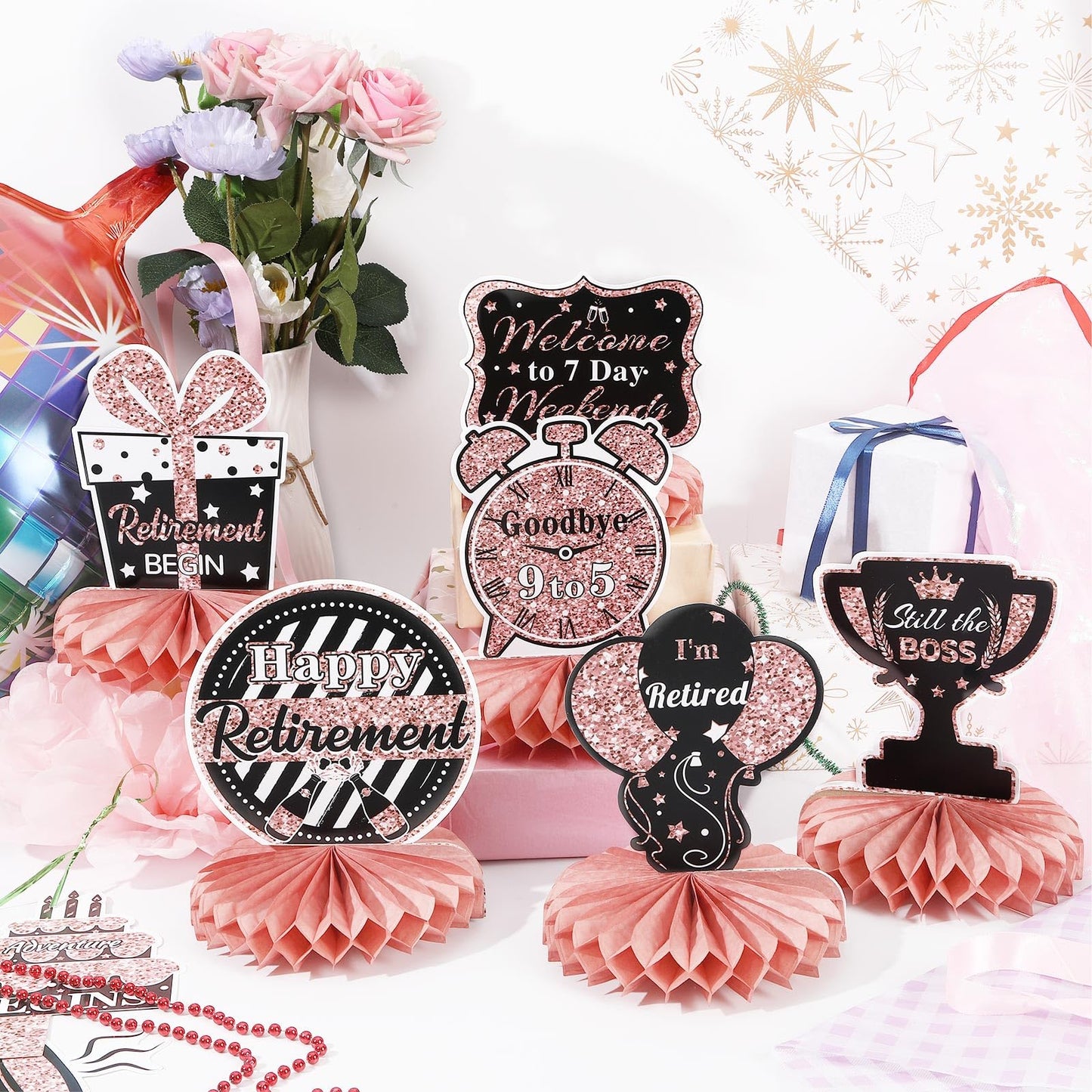 DTOFOOT 10 Pcs Retirement Party Decorations | Rose Gold Honeycomb Centerpieces