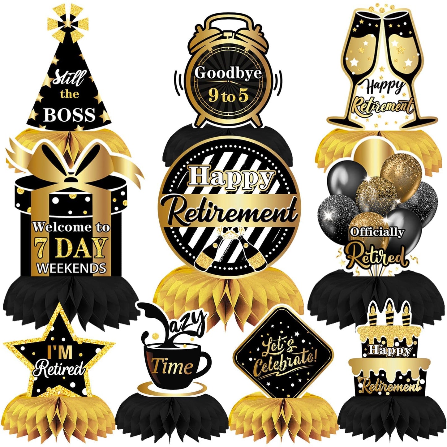 DTOFOOT 10 Pcs Retirement Party Decorations – Black and Gold Centerpieces for Men and Women