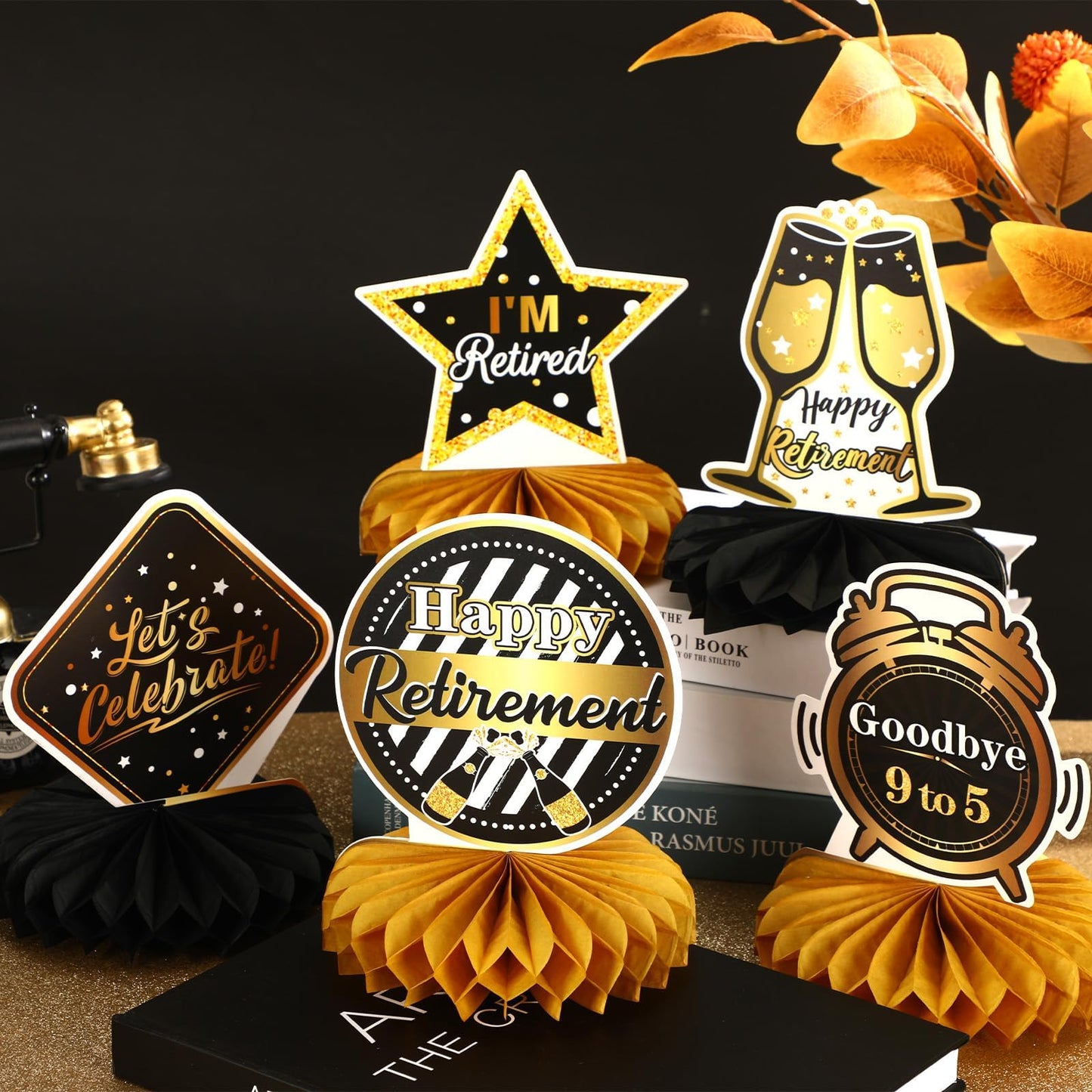 DTOFOOT 10 Pcs Retirement Party Decorations – Black and Gold Centerpieces for Men and Women