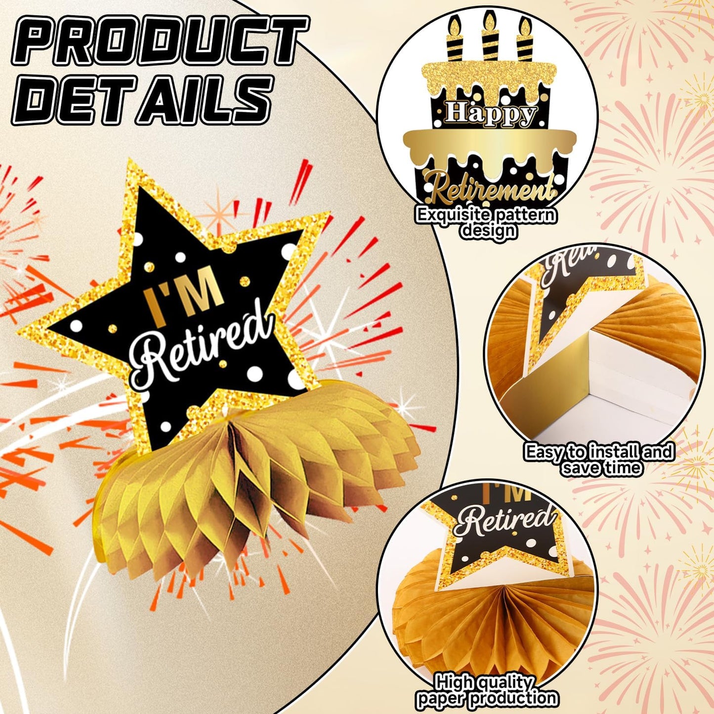 DTOFOOT 10 Pcs Retirement Party Decorations – Black and Gold Centerpieces for Men and Women