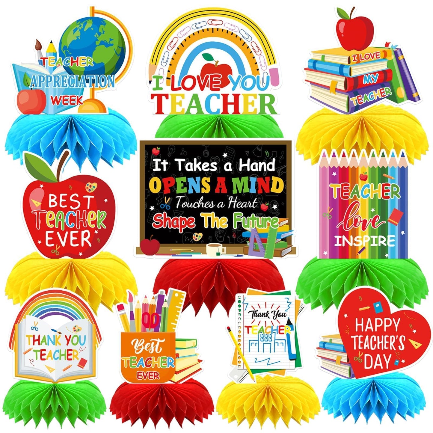DTOFOOT 10 Pcs Teacher Appreciation Honeycomb Centerpieces – Thank You Teacher Table Decor for Teachers' Day & Graduation