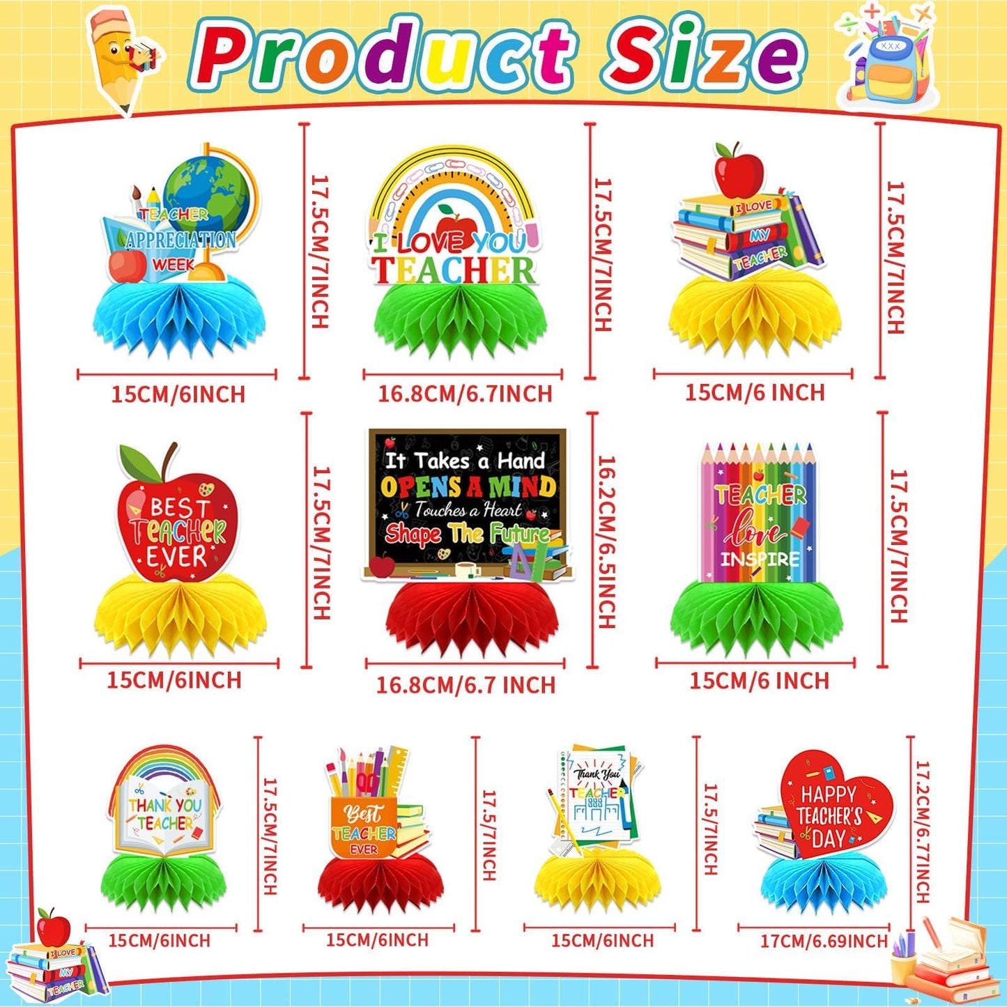 DTOFOOT 10 Pcs Teacher Appreciation Honeycomb Centerpieces – Thank You Teacher Table Decor for Teachers' Day & Graduation