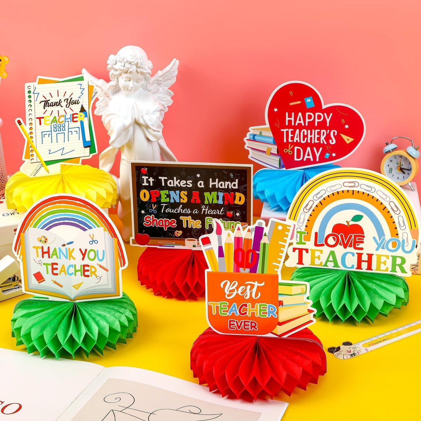 DTOFOOT 10 Pcs Teacher Appreciation Honeycomb Centerpieces – Thank You Teacher Table Decor for Teachers' Day & Graduation
