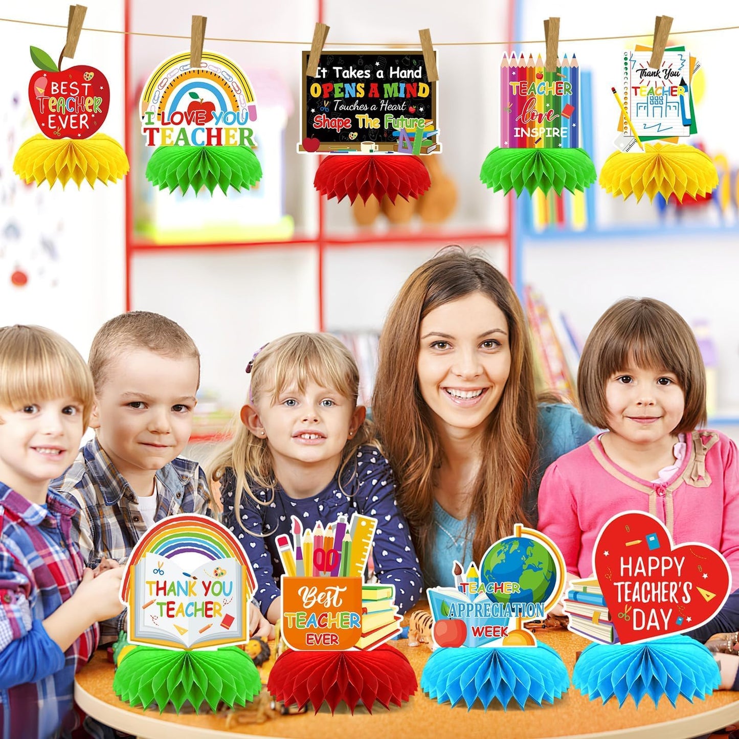 DTOFOOT 10 Pcs Teacher Appreciation Honeycomb Centerpieces – Thank You Teacher Table Decor for Teachers' Day & Graduation