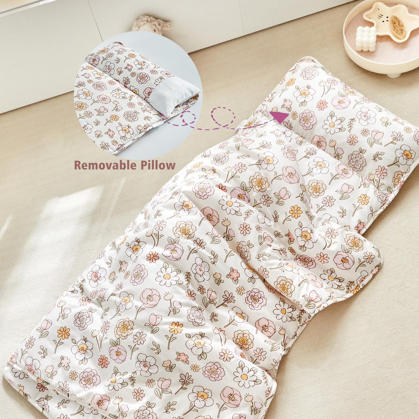 DuShow Toddler Nap Mat with Removable Pillow | Floral Ultra-Soft Slumber Bag for Preschool & Daycare