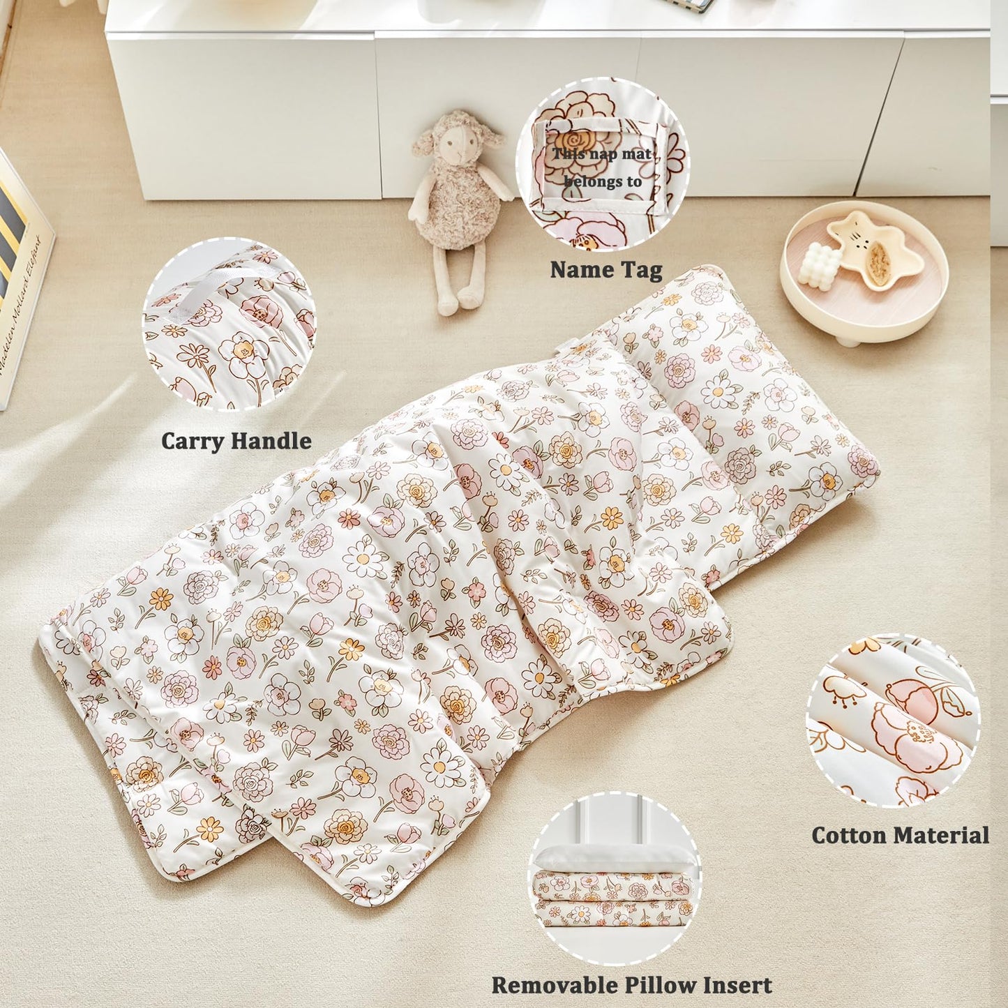 DuShow Toddler Nap Mat with Removable Pillow | Floral Ultra-Soft Slumber Bag for Preschool & Daycare