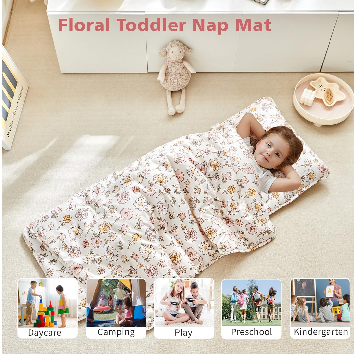 DuShow Toddler Nap Mat with Removable Pillow | Floral Ultra-Soft Slumber Bag for Preschool & Daycare