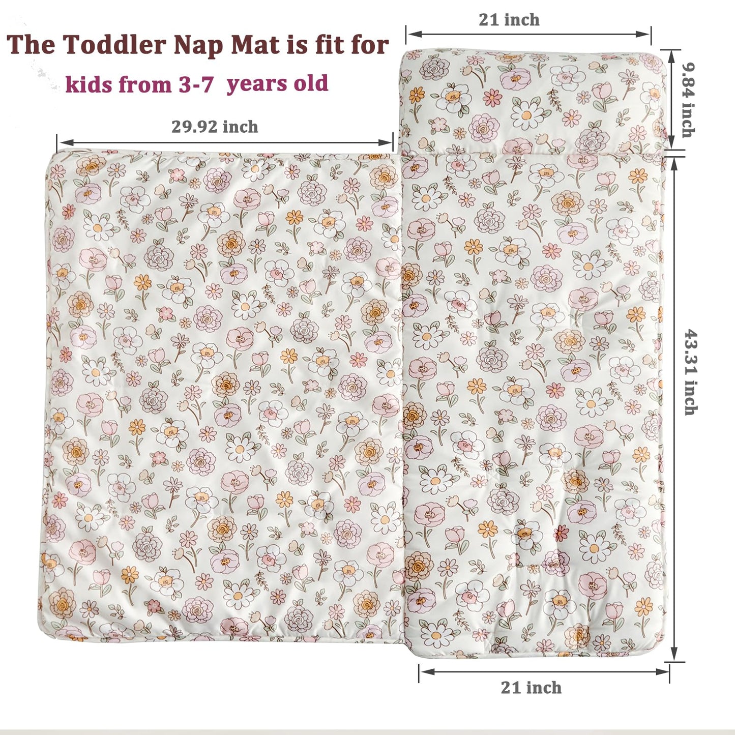 DuShow Toddler Nap Mat with Removable Pillow | Floral Ultra-Soft Slumber Bag for Preschool & Daycare