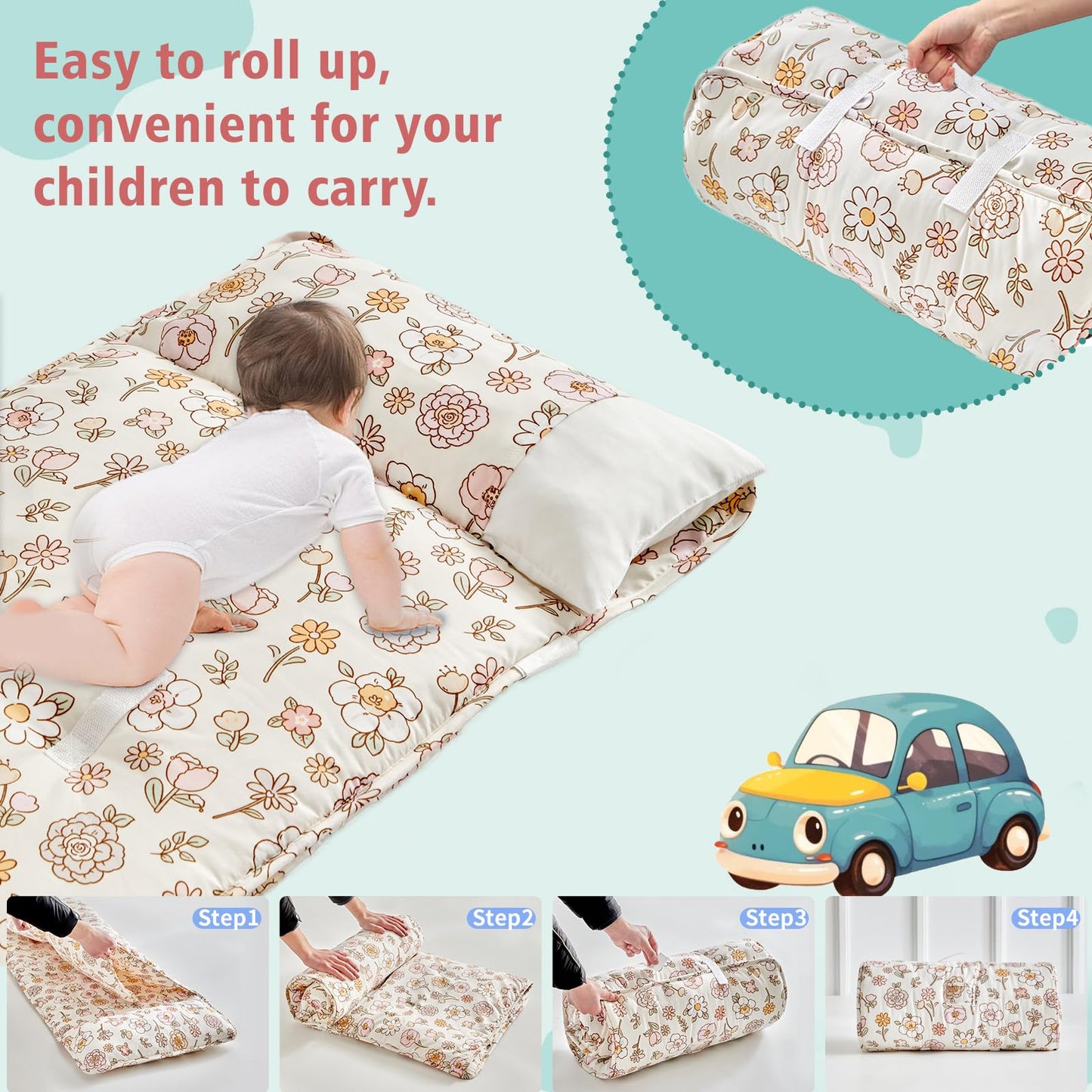 DuShow Toddler Nap Mat with Removable Pillow | Floral Ultra-Soft Slumber Bag for Preschool & Daycare
