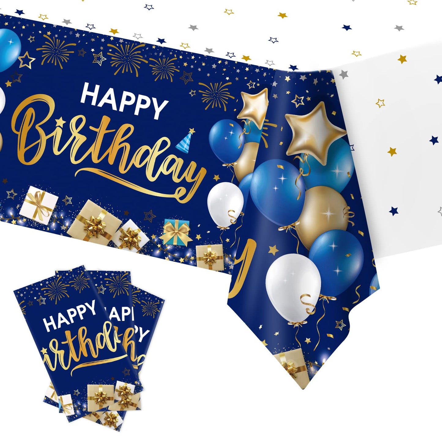 DUAIAI Happy Birthday Tablecloths – 3-Pack Navy Blue & Gold, 54 x 108 Inches, Disposable